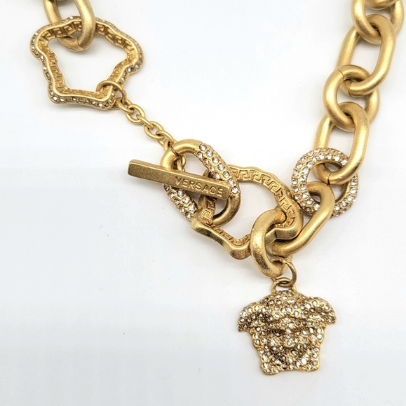 Versace Diamond Swarovski Crystal Medusa Head Rolo Link Statement Necklace - Picture 4 of 11